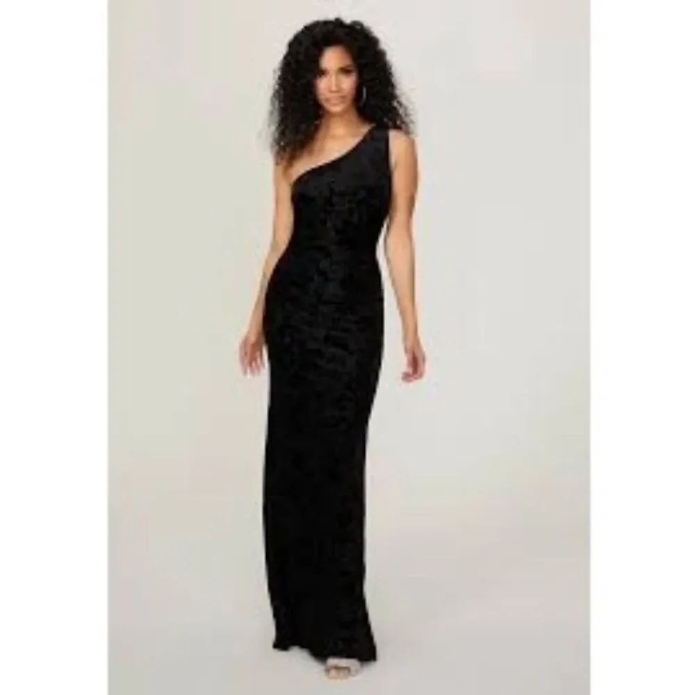 Women’s Black Stretch Velvet Ruched One Shoulder Dress Size 4